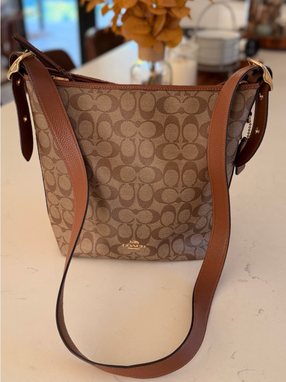 Coach Brown Signature Canvas Shoulder Bag with Tan Leather Trim